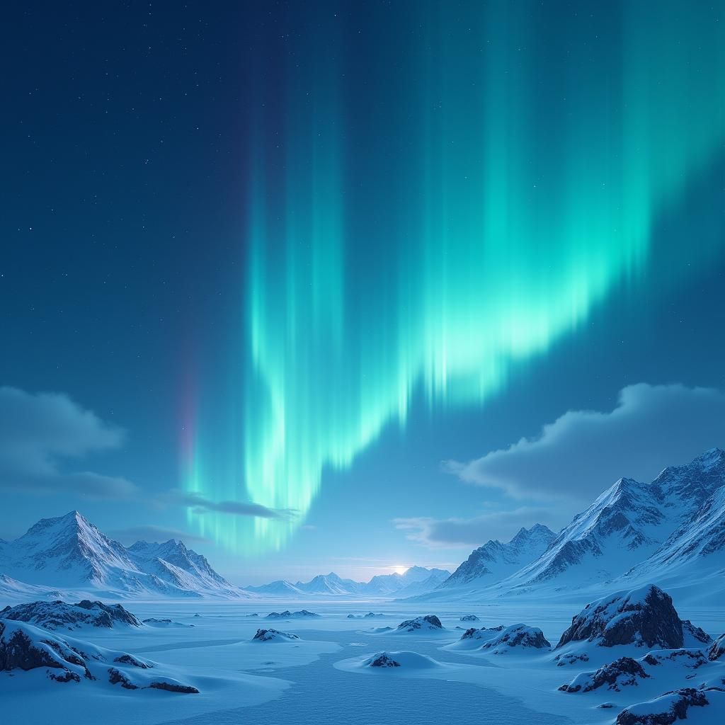 Aurora Borealis Over Snowy Tundra Landscape