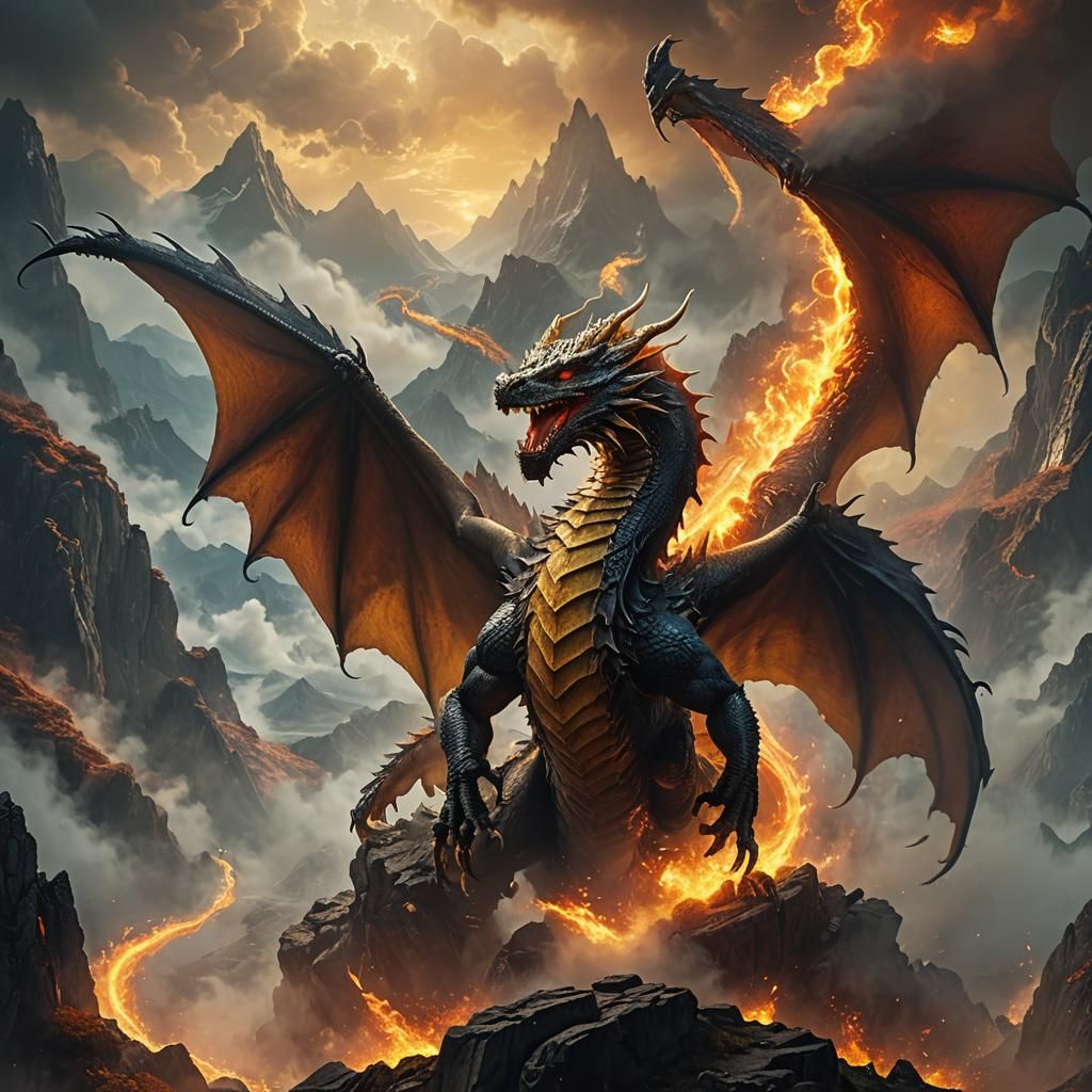 Colossal Fire-Breathing Dragon Soaring Through Misty Mountai...