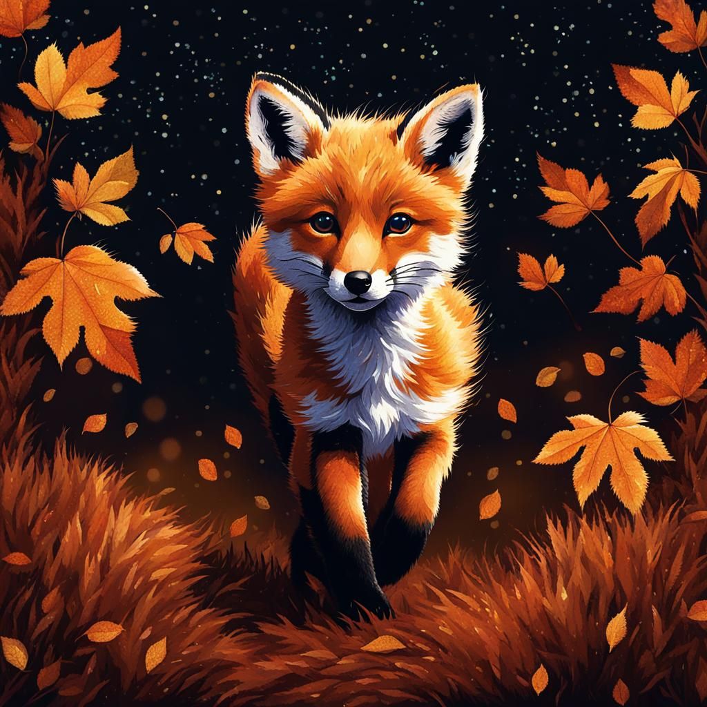Fox Pup in Pointillist Autumn Night Scene
