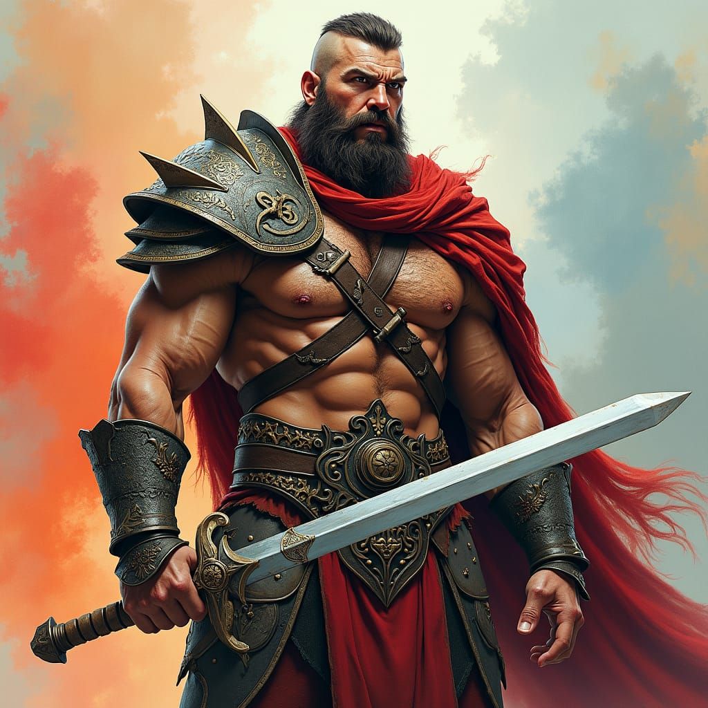 Barbarian Warrior with Sword in Watercolor Art Nouveau Style