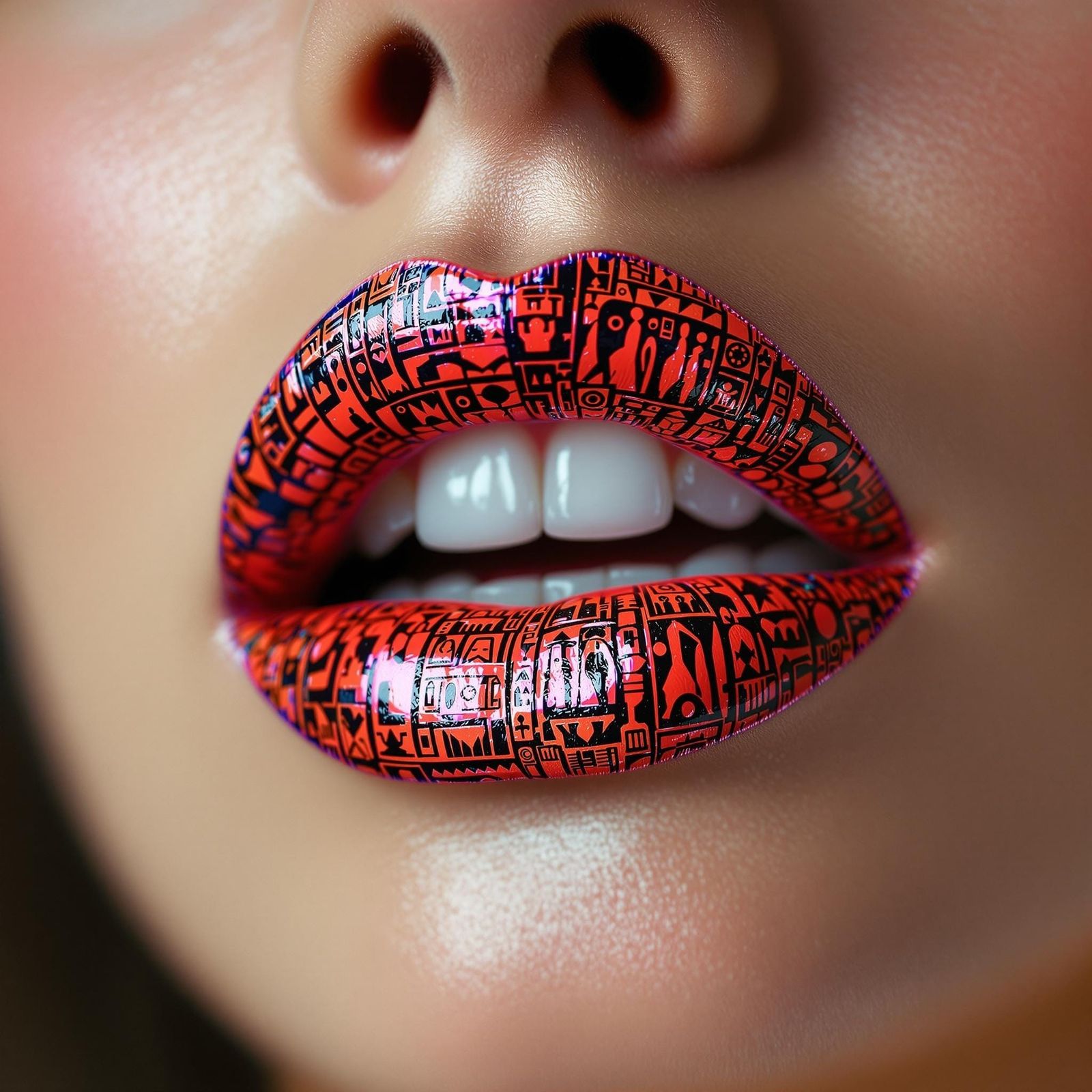 Glossy Maya Hieroglyphic Lips in Vogue-Inspired Portrait