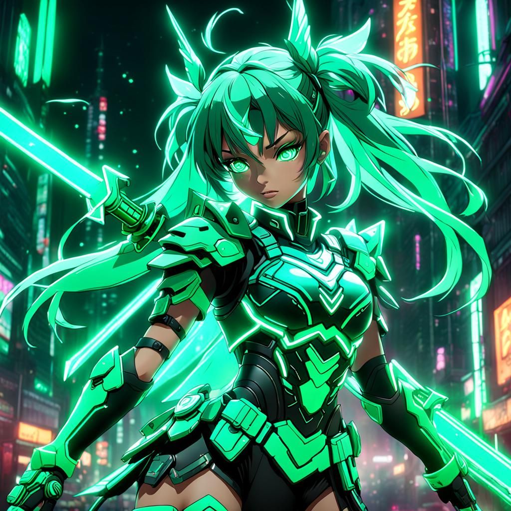 Mint Green Neon Warrior Girl: Anime Art