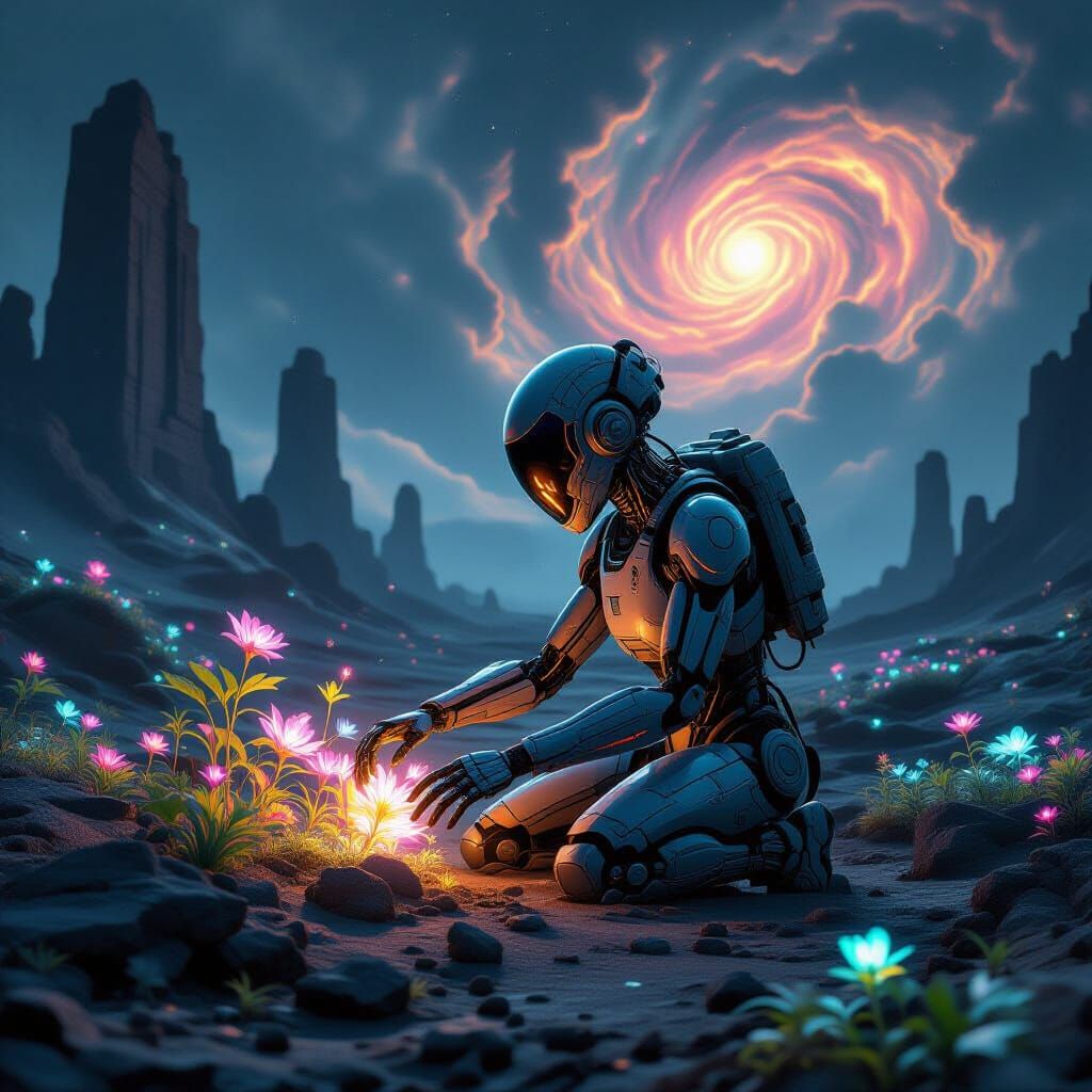 Android Botanist Tends Alien Flora Amidst Ruins