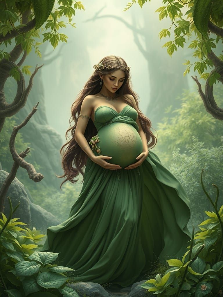 Pregnant Earth Goddess in Mystical Landscape