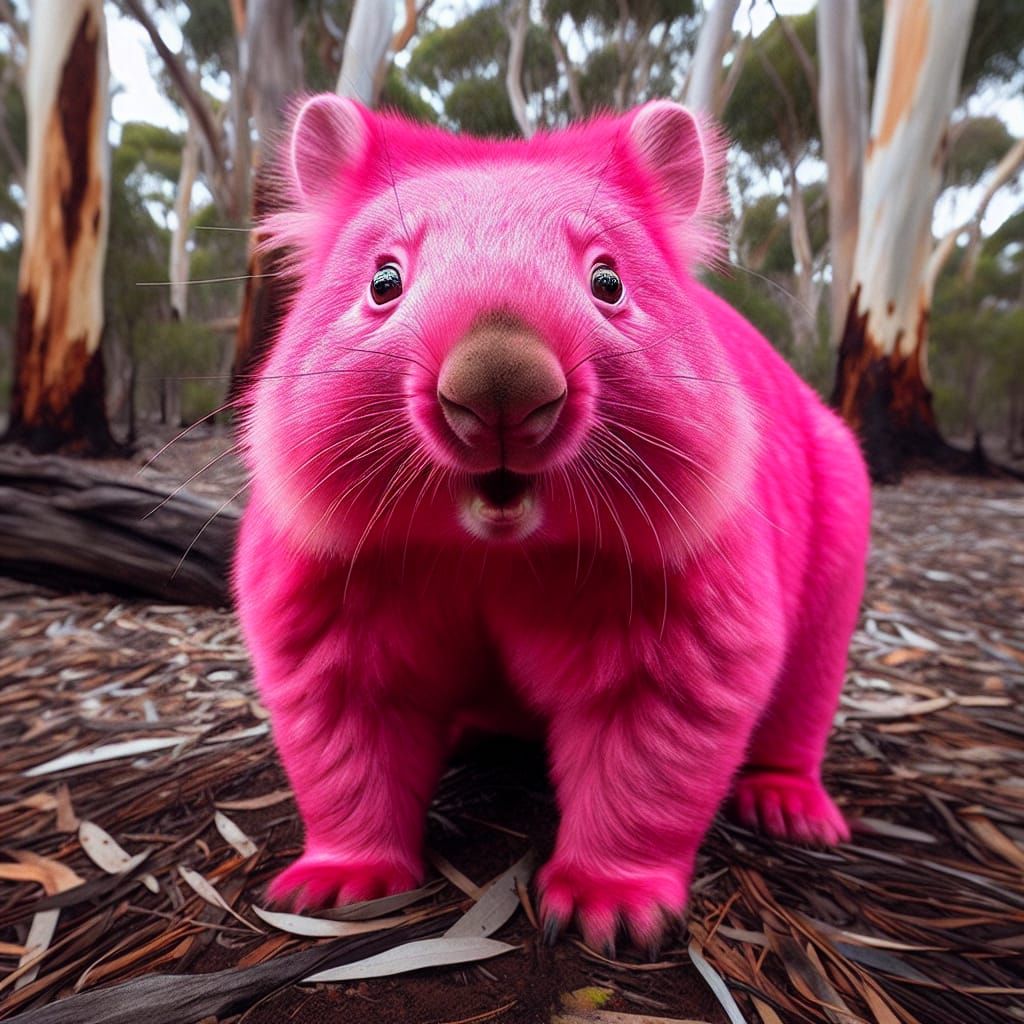 Pink Wombat Blinking in Australian Woodland