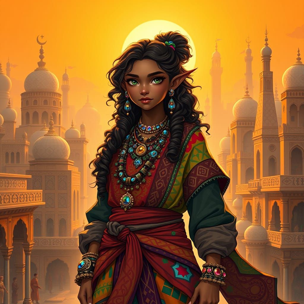 Majestic Half-Elf Bard in Vibrant Desert City