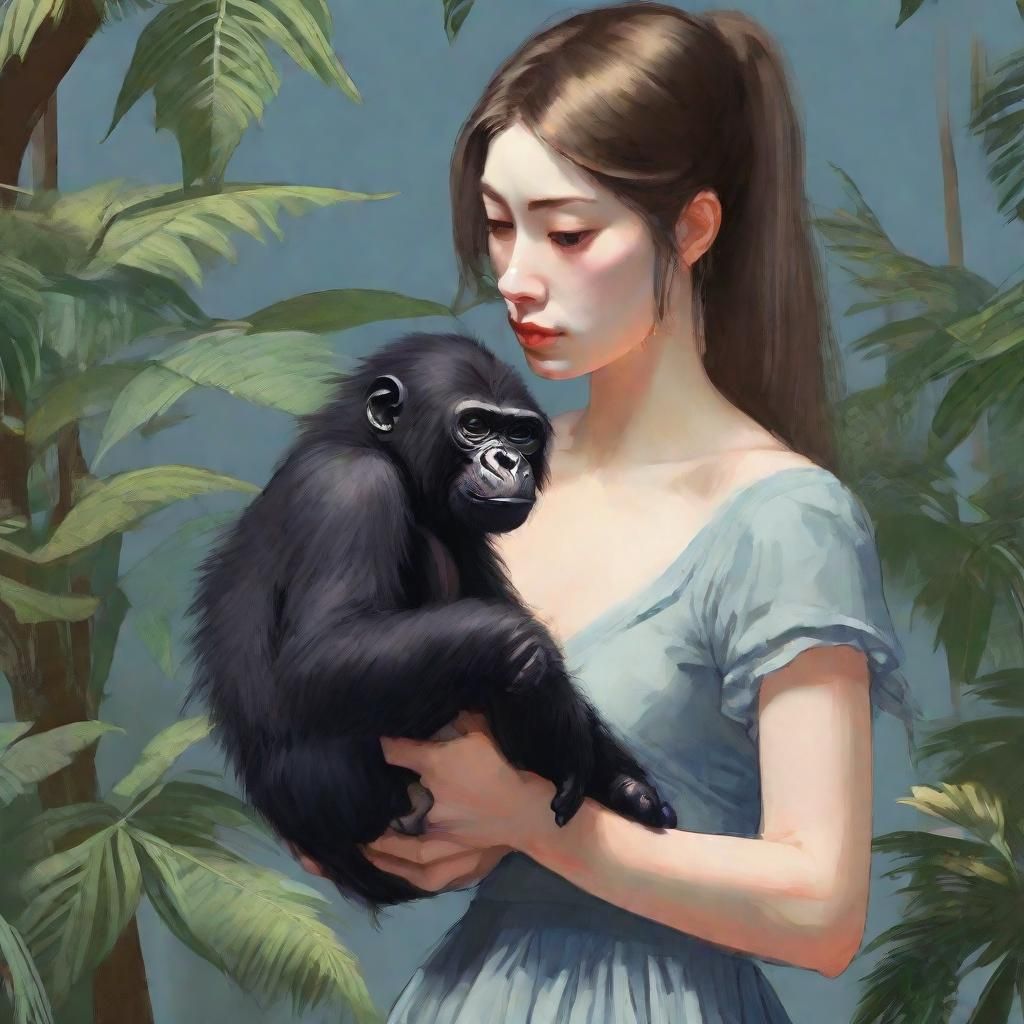 Woman Holding Miniature Gorilla: Realistic Anime Art