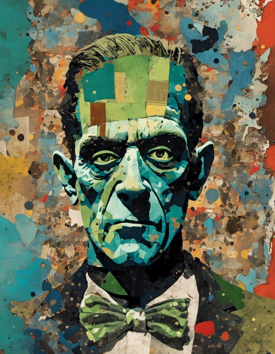 Frankenstein's Monster in Mixed Media Collage Art