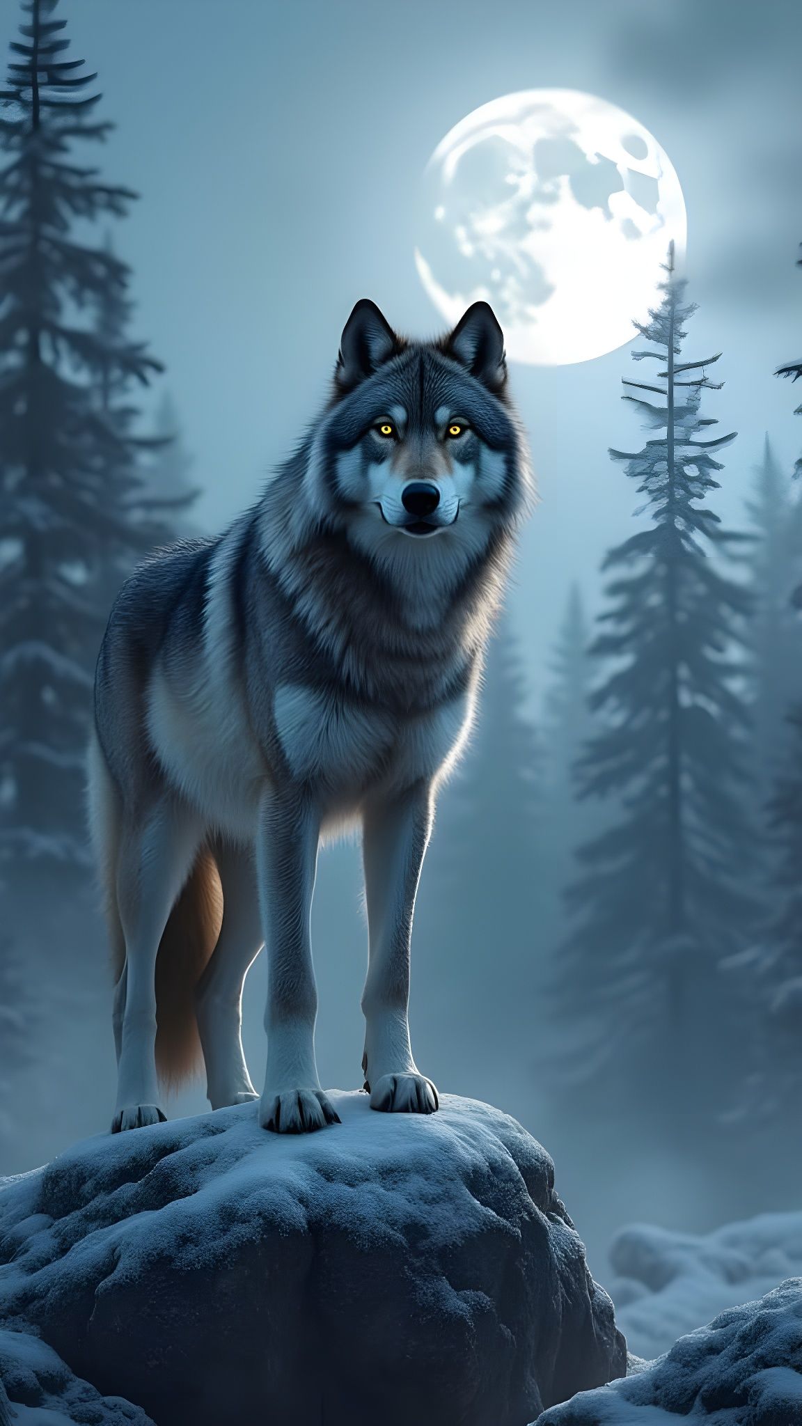 Lone Wolf Basks in Lunar Serenity Under Nordic Skies