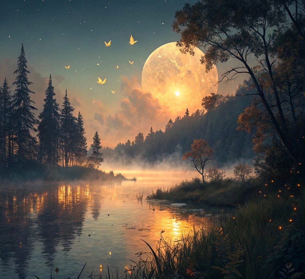 Opalescent Moonlit Lake at Dusk
