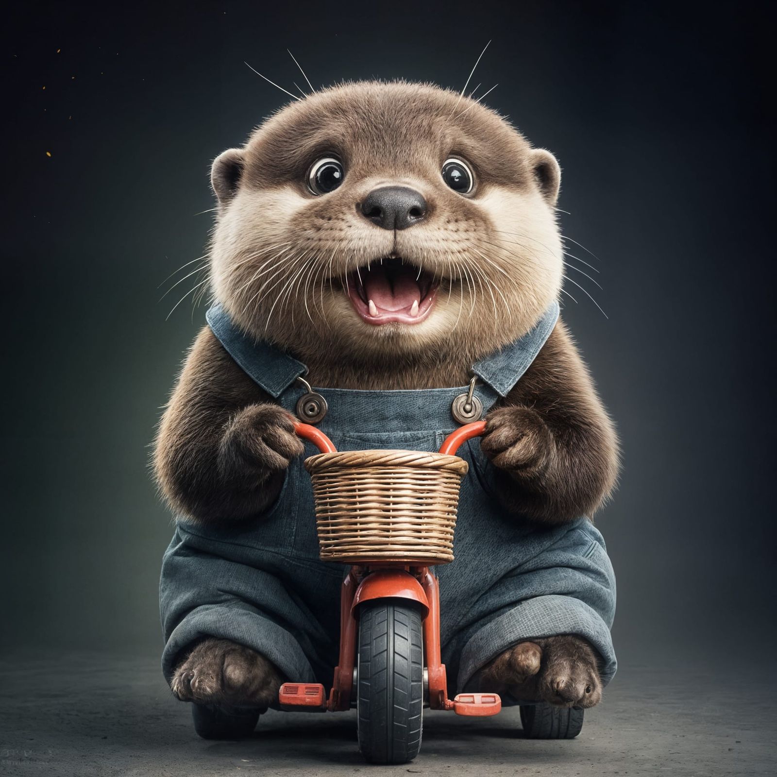 River Otter in Bright Overalls Rides Tricycle in Dark Woods