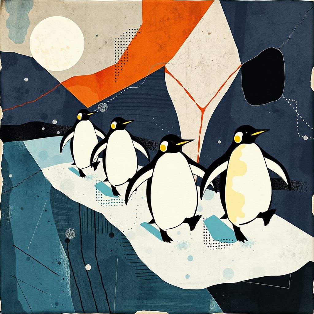 Vibrant Penguins in Moody Textured Abstract