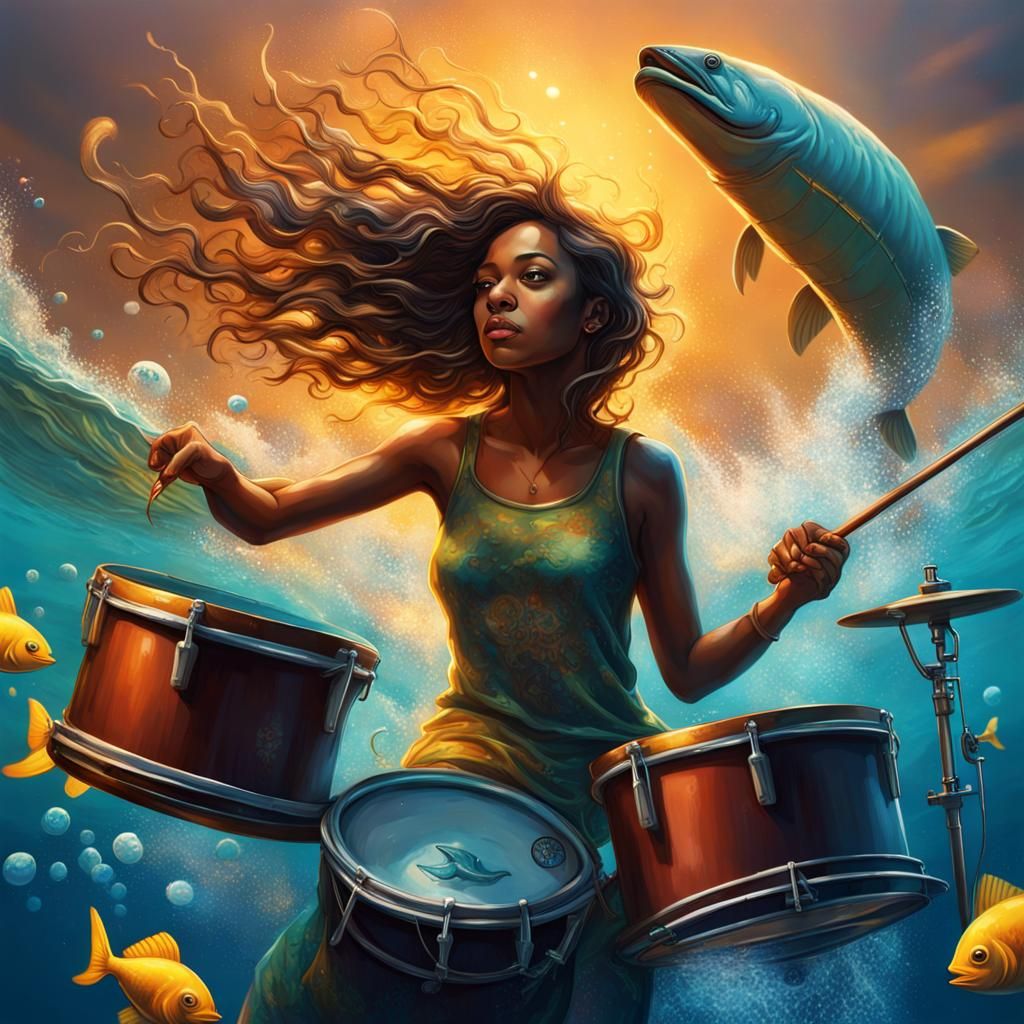 Submarine Girl Drumming with Whale in Ocean