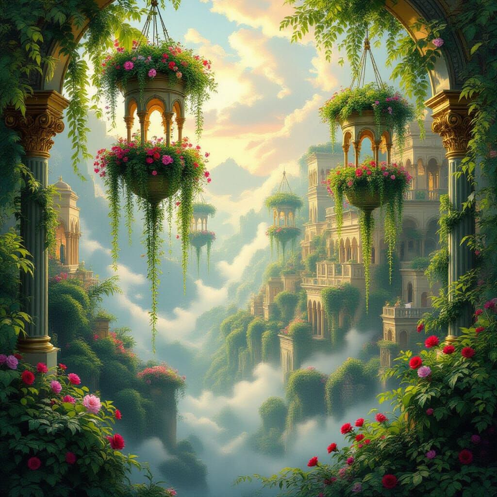 Hanging Gardens of Babylon in Dreamlike Style