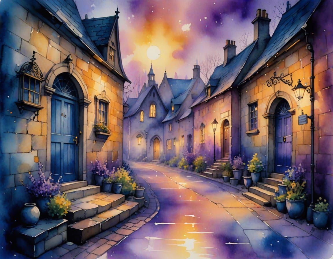 Whimsical Watercolor of Shop and Graveyard