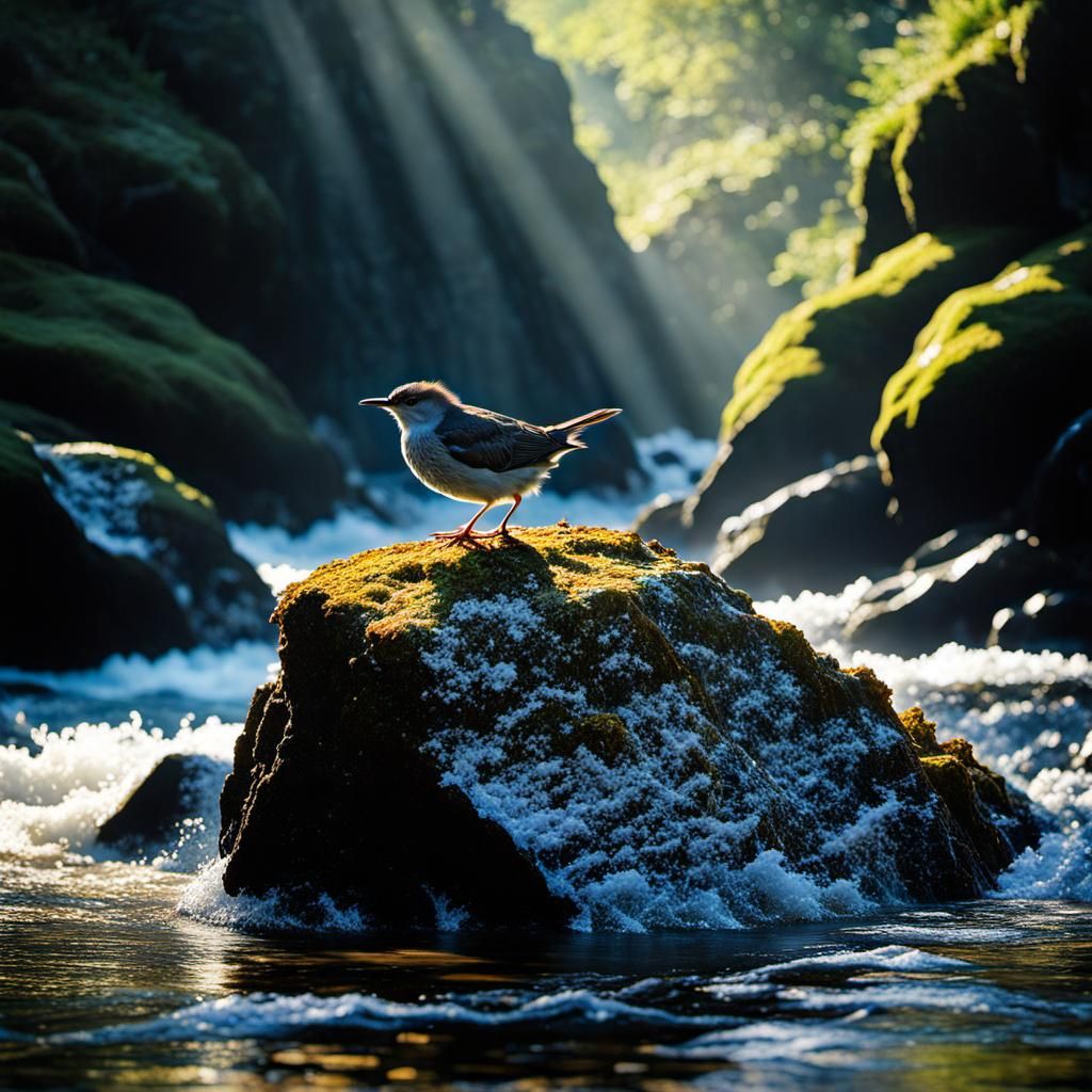 Dipper Bird on a Stone in Raging Torrent