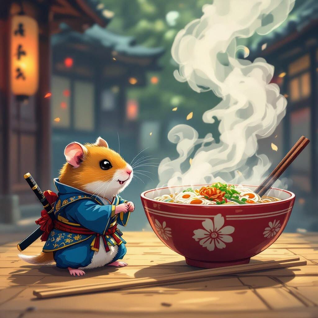 Samurai Hamster Faces Ramen in Anime Style