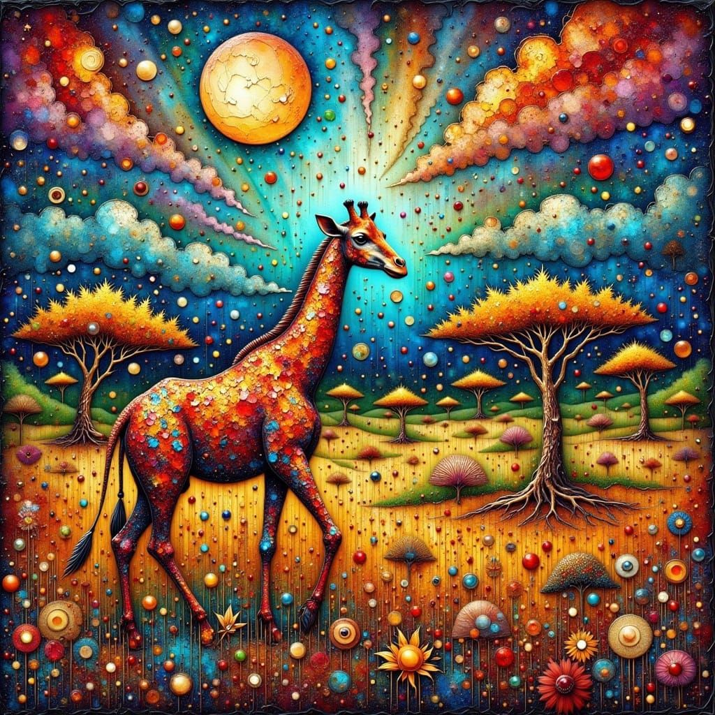 Giraffe in Savanna: Naive Art with Fractal Details