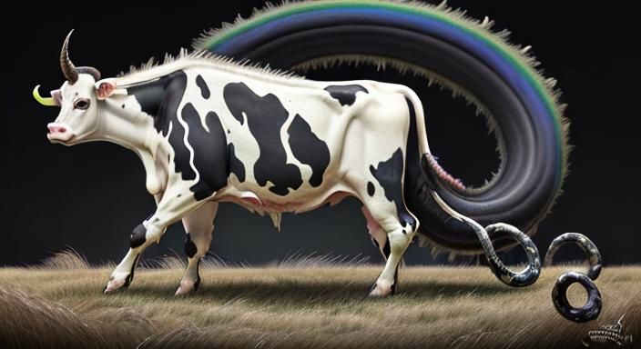 Creepy Exotic Horned Cows in Rainbow Field