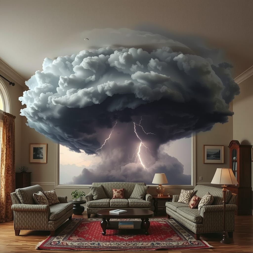 Surreal Living Room Thunderstorm Scene