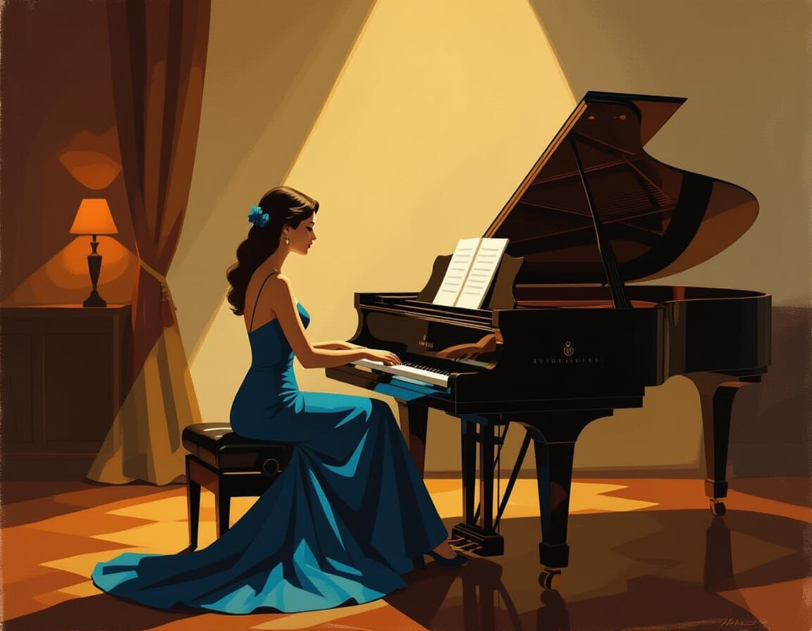 Woman at Piano in American Realism Style