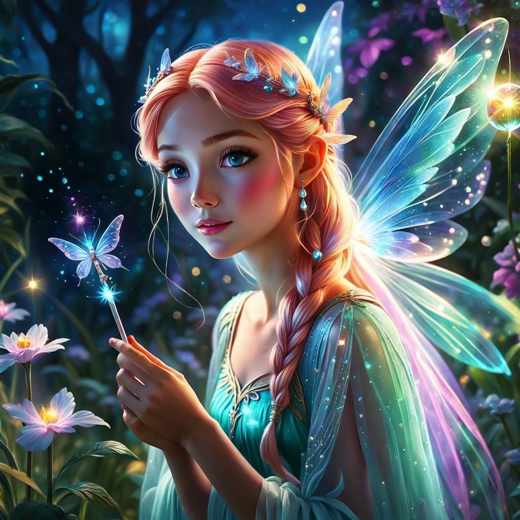 Elegant Fairy Plays with Crystal Wand: Oil Painting