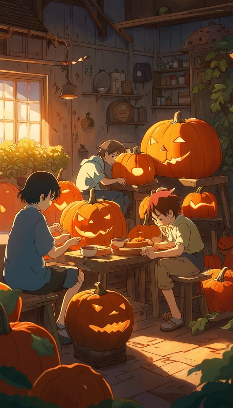 People Carving Pumpkins in Anime Style