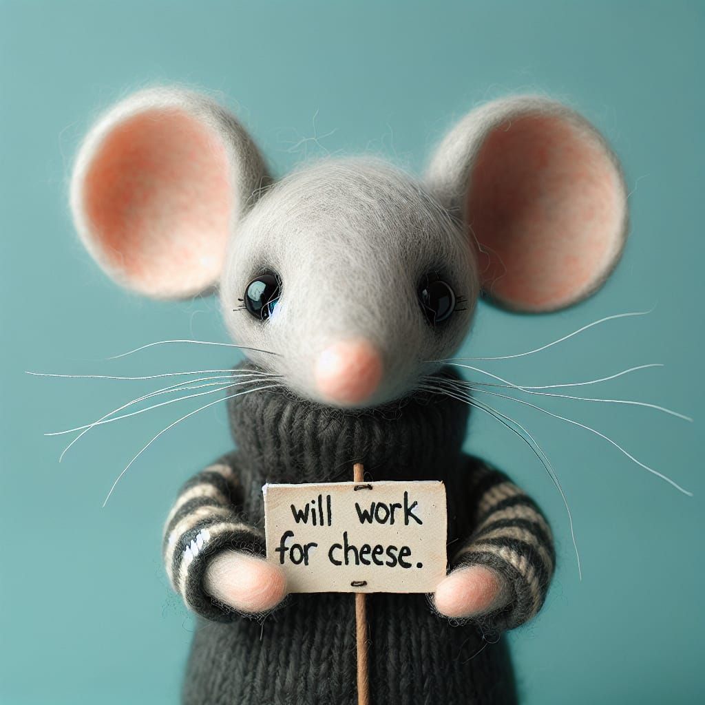 Adorable Needle-Felted Mouse with 'Will Work For Cheese' Sig...