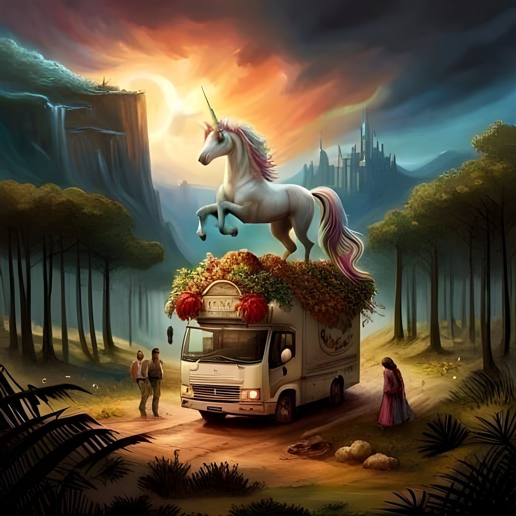 Unicorn on Taco Truck: Fantasy Digital Art