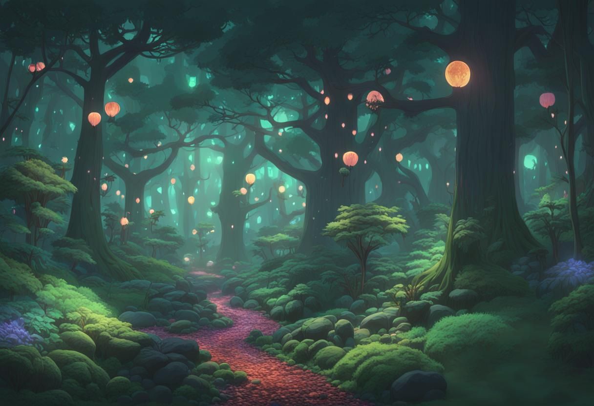 Ghibli Forest at Night in Dark Fantasy Style