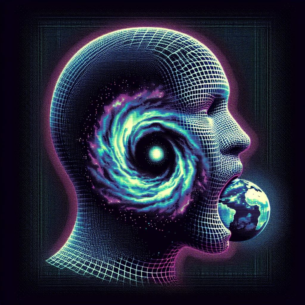 Holographic Vortex Entity Holding Earth: Synthwave Design