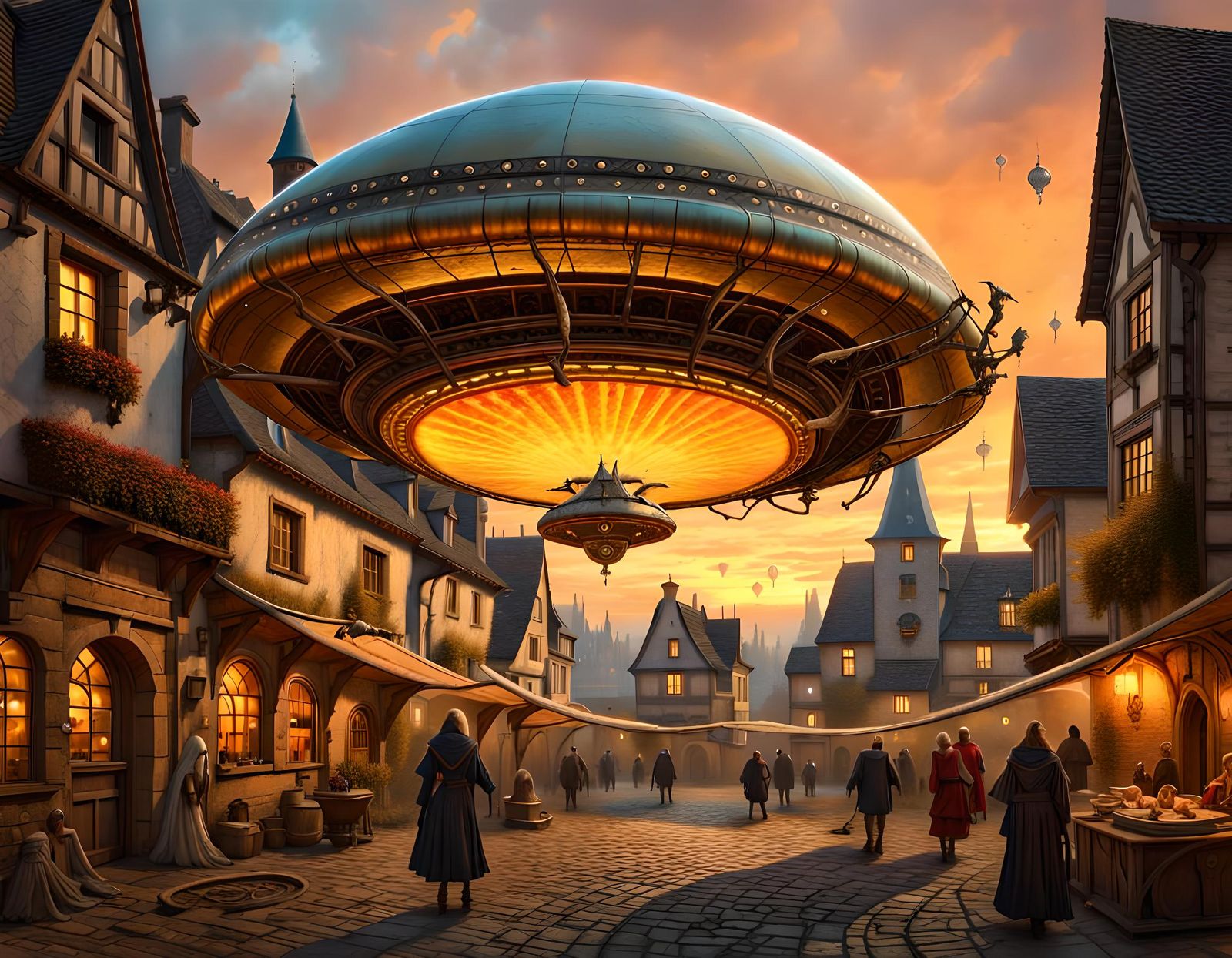 Cyberpunk UFO Lands in Medieval Village at Sunset