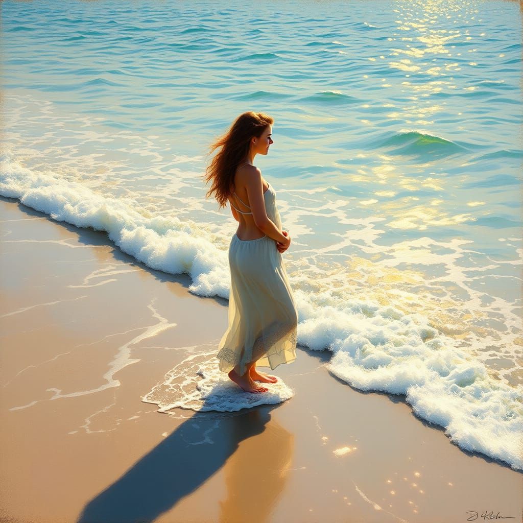 Woman at Ocean's Edge in Impressionist Style