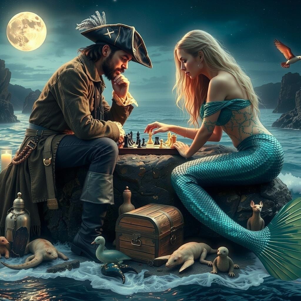 Pirate and Mermaid Play Chess in Moonlit Cove
