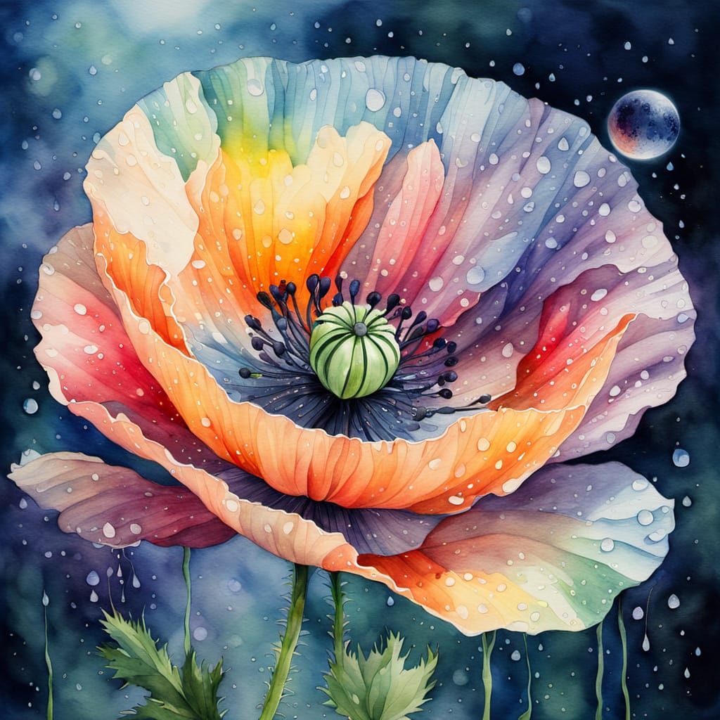 Ethereal Watercolor Poppy in Moonlight
