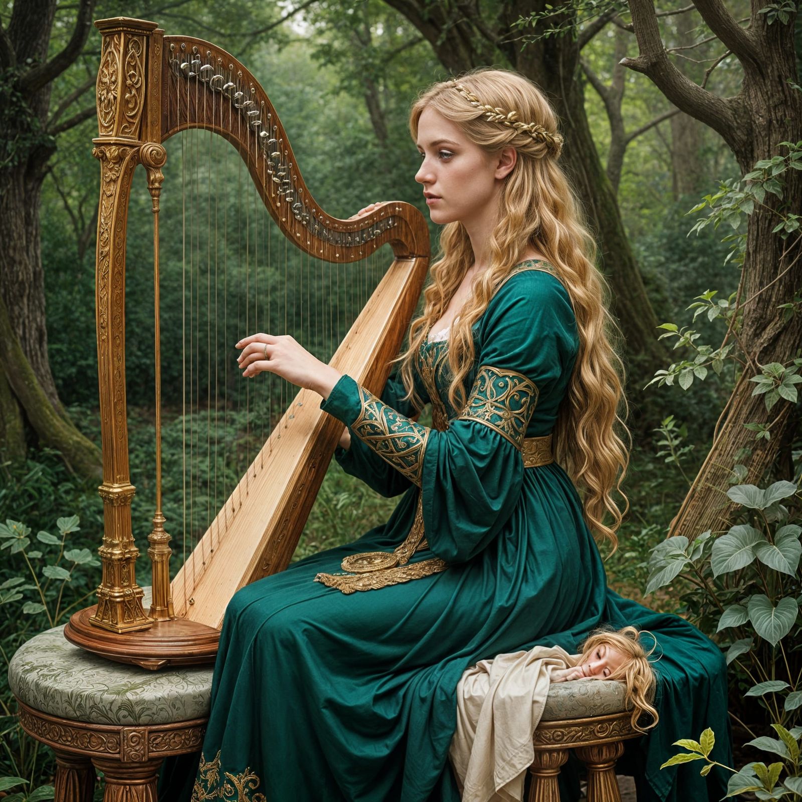 Druidess Plays Harp in Lush Forest