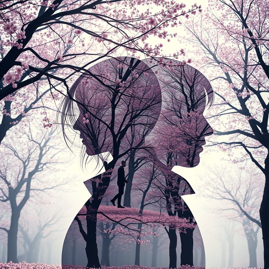 Ethereal Double Exposure of Lovers Amidst Sakura Blossoms