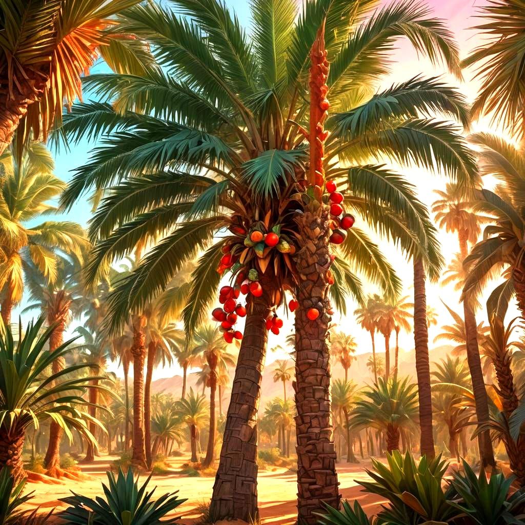 Desert Palm Tree Oasis at Sunrise in Matte Painting Style