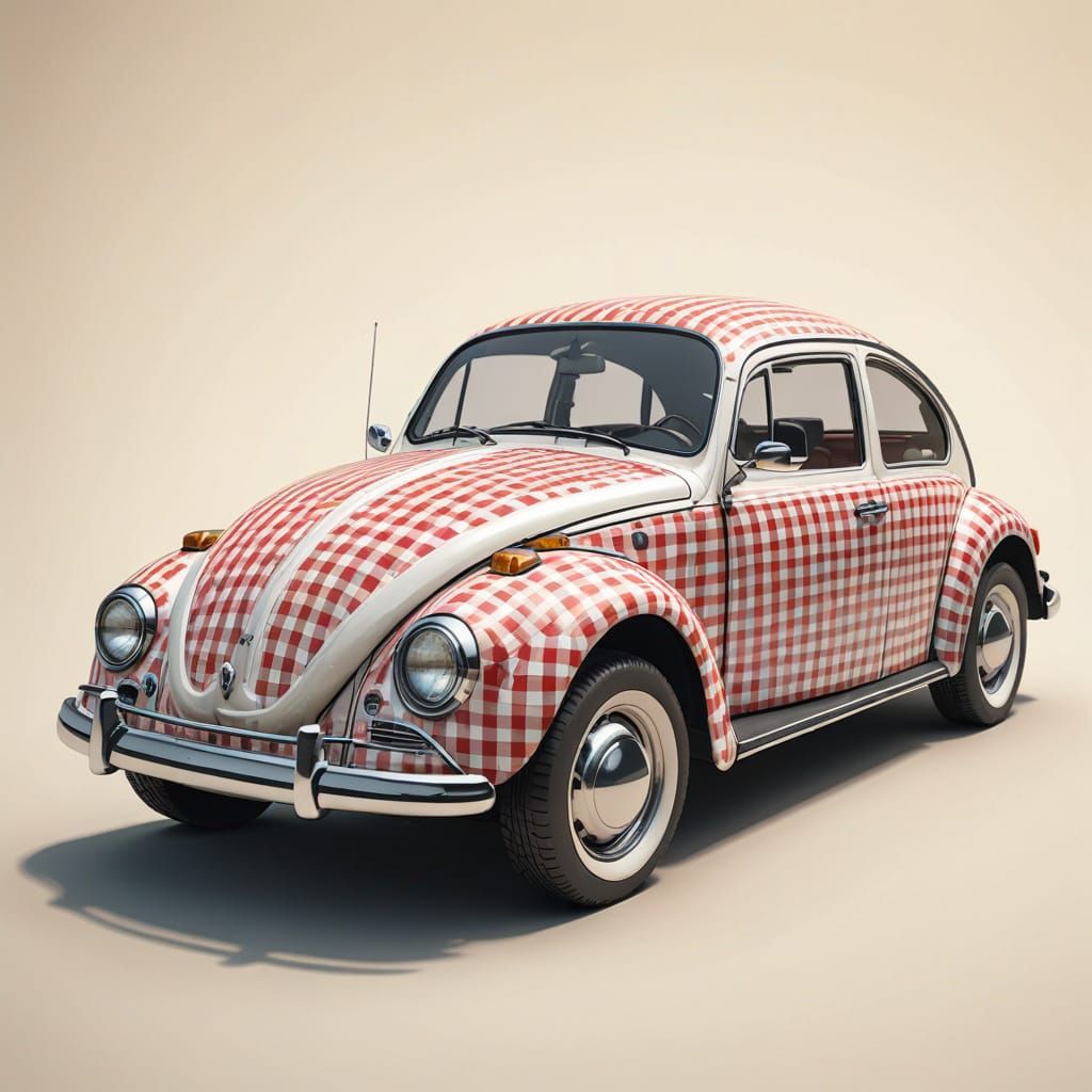 Vibrant Gingham VW Beetle Speeds Down Sunny Road