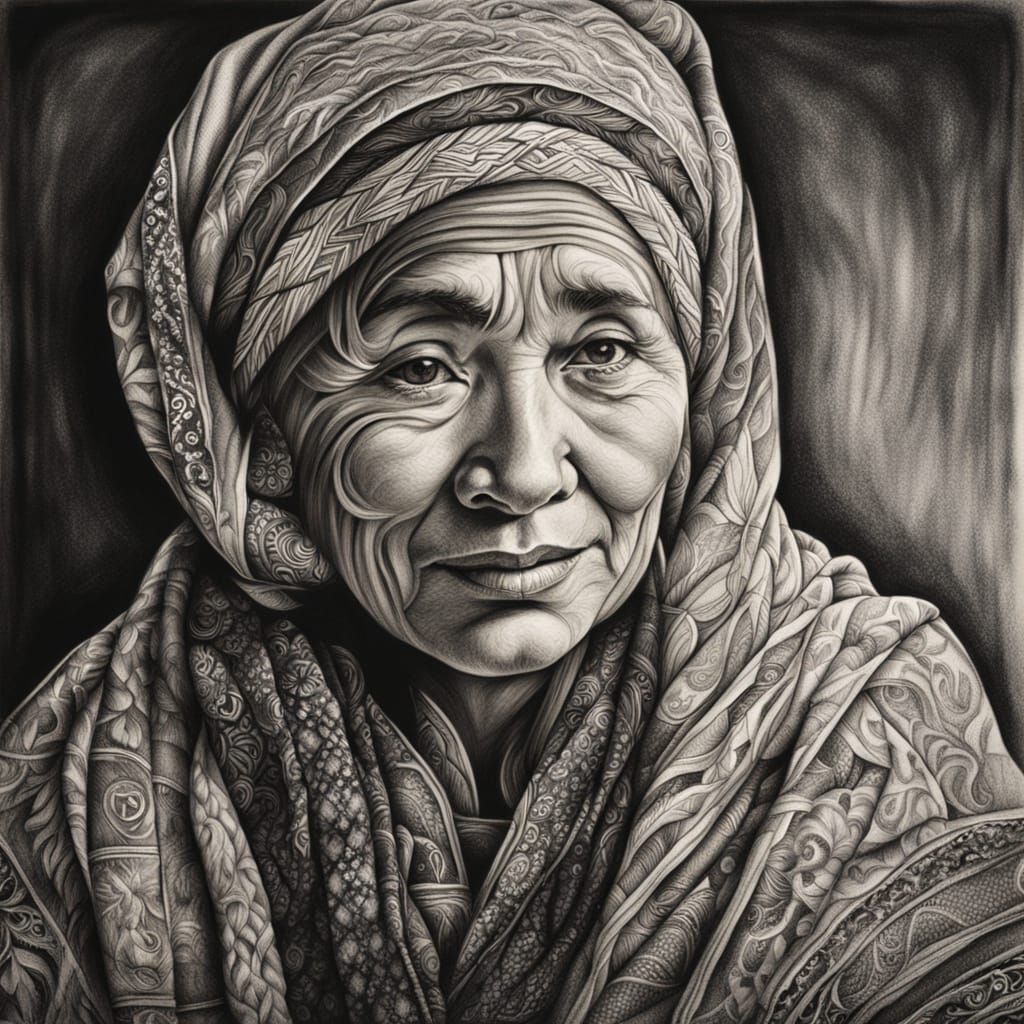 Expressive Charcoal Portrait of Udmurt Woman