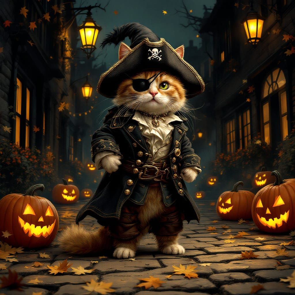 Brave Pirate Cat on Halloween Night