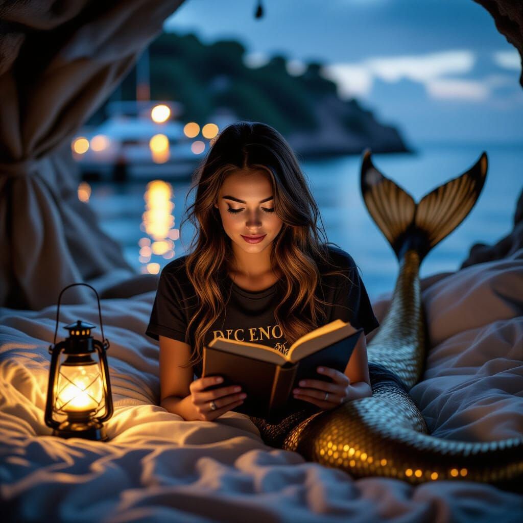 Mermaid Reading by Lantern Light in Coastal Grotto