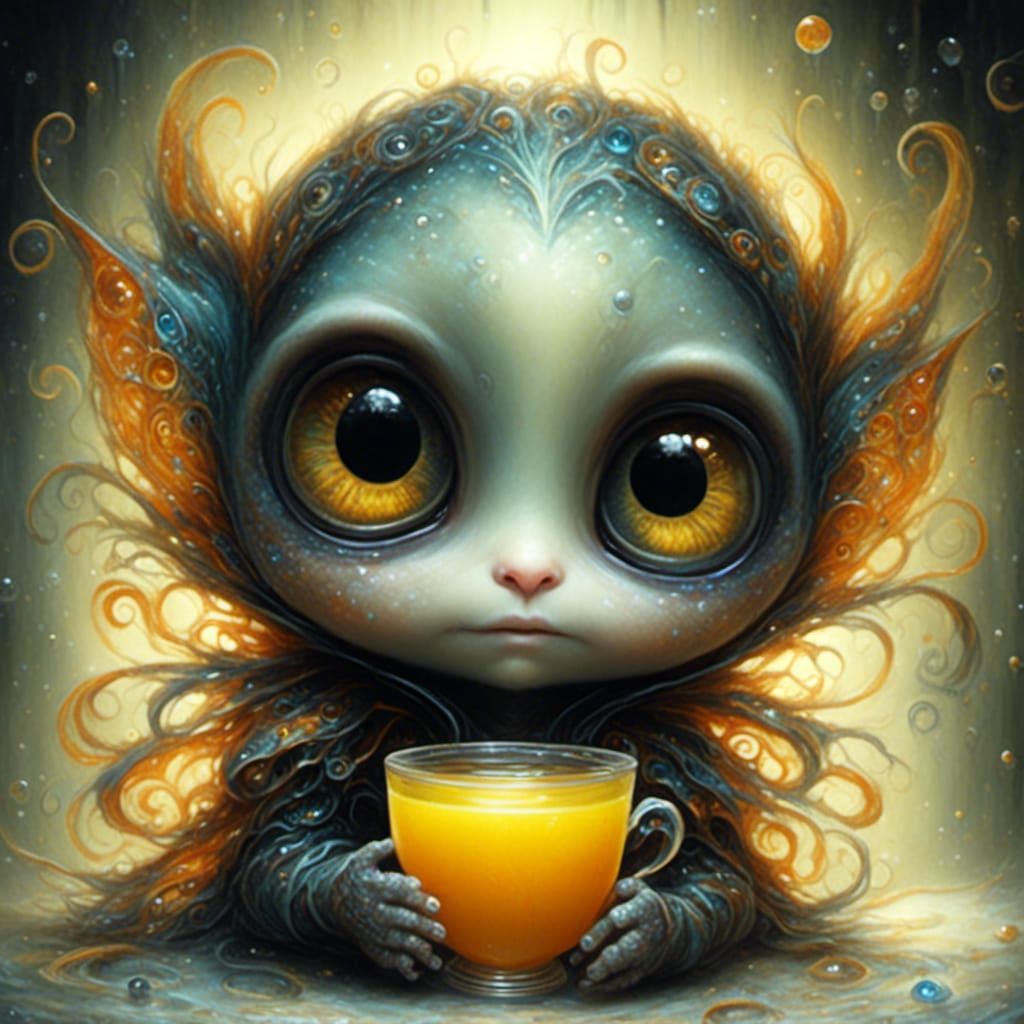Whimsical Creature with Big Eyes and Orange Juice