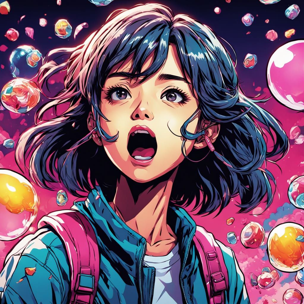 Vibrant Anime Girl Blows Giant Pink Bubble Gum Bubble