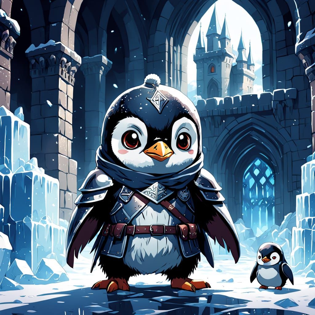 Kawaii Chibi Penguins as Medieval Knights in Ice Castle