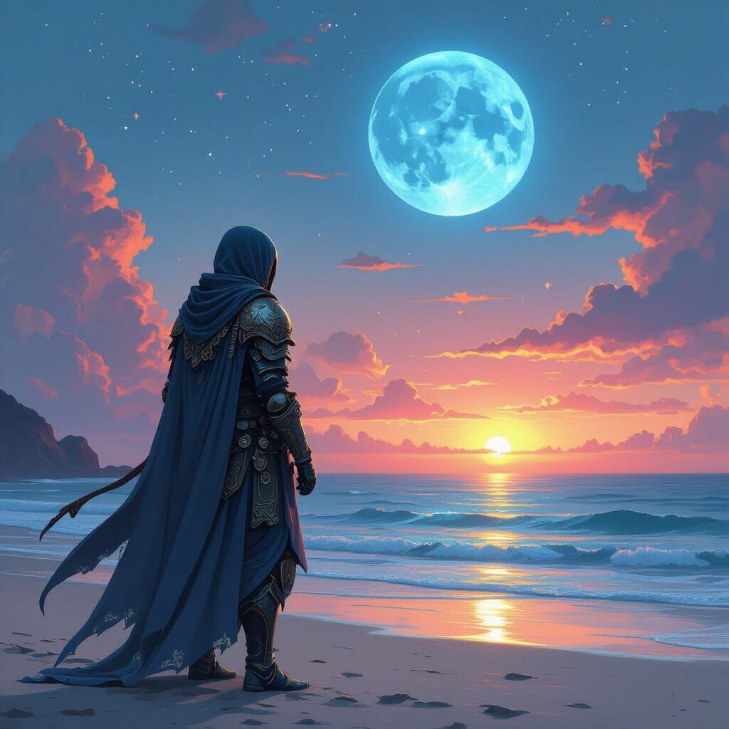 Ghost Warrior Watching Sunset in Dreamy Digital Art