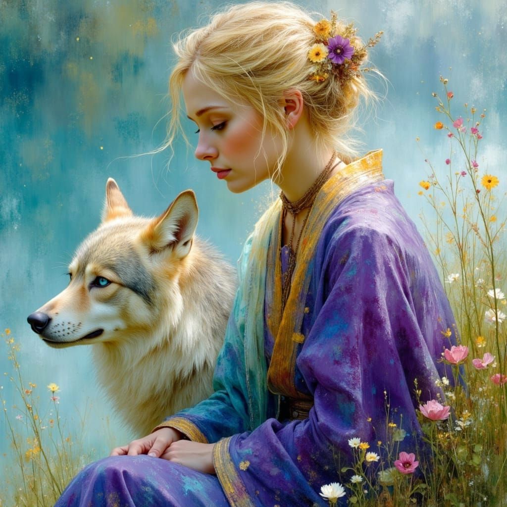 Gypsy Woman and Wolf by Lake in Spring