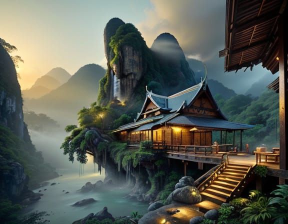 Rustic Thai Abode on Mountain Slope with Cascading Waterfall