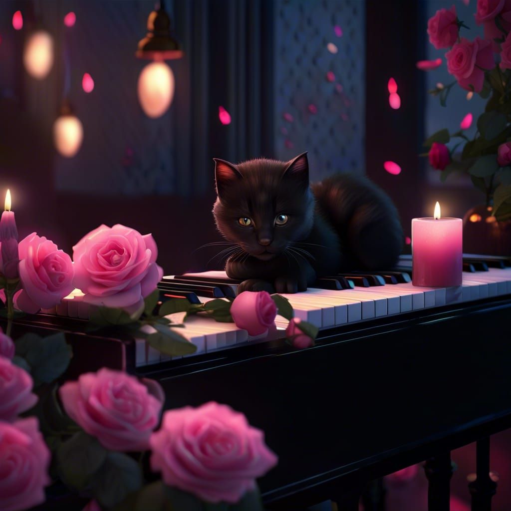 Cute Black Kitty Sleeping Among Pink Roses