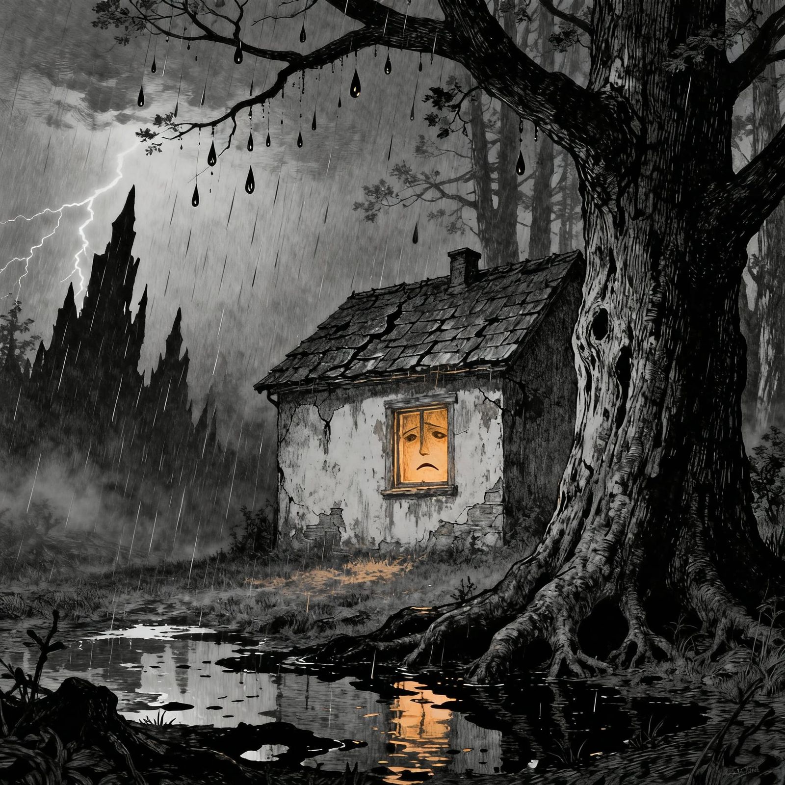 Lonely House in Dark Forest, Scratch Art Style